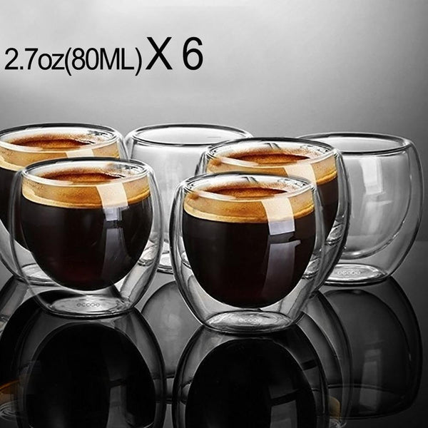 New 6Pcs 80ml 2.7oz Glass Double Walled Heat Insulated Tumbler