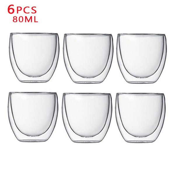 New 6Pcs 80ml 2.7oz Glass Double Walled Heat Insulated Tumbler