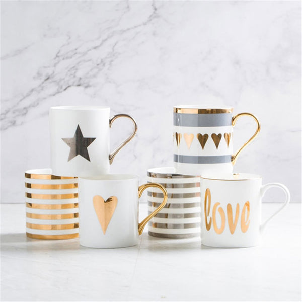 Love, Star, Stripe Pattern Gold Plated Coffee Cup.